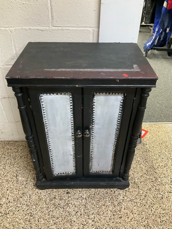 Black painted 2-door accent cabinet with turned columns 21” x 14” x 29”