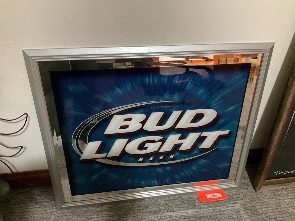 Bud Light framed bar mirror in silver-colored molded frame - Basement Living & Bar Area