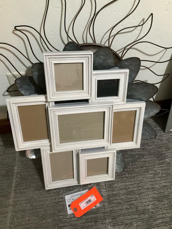 Collage picture frame & 2 metal wall hangings - Basement Living & Bar Area
