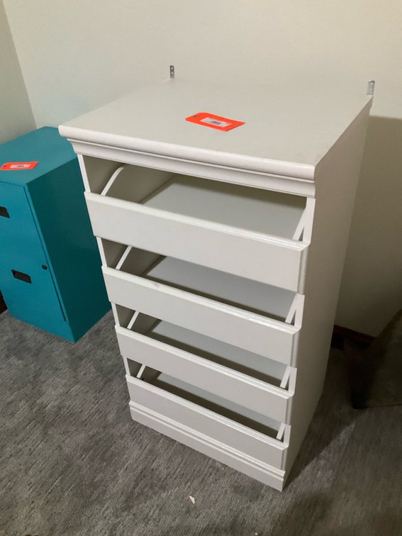 White multi-tier open bin storage cabinet - Basement Living & Bar Area