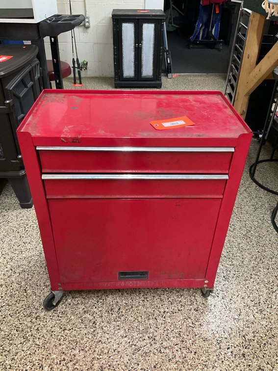 Red rolling metal tool cart with 2 drawers 25” x 13” x 29”