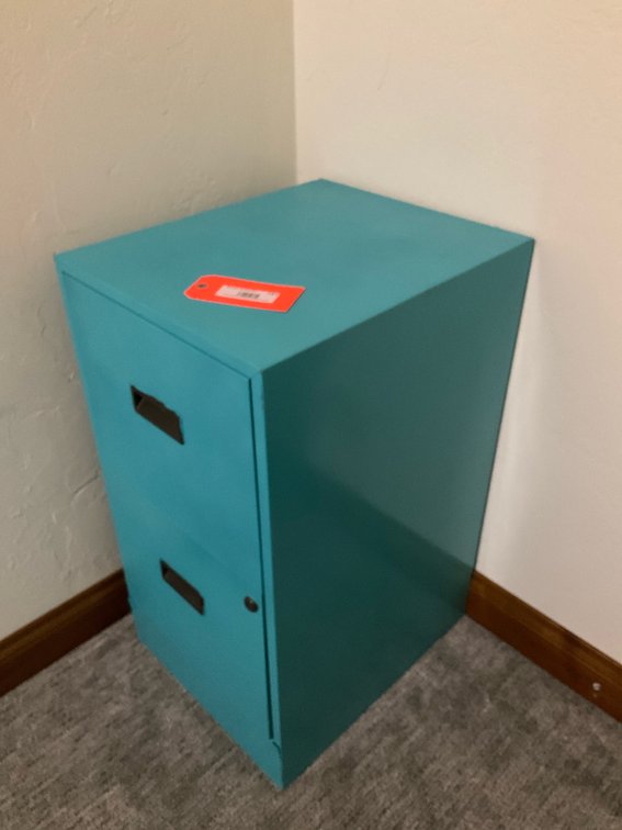Turquoise 2-drawer metal filing cabinet - Basement Living & Bar Area
