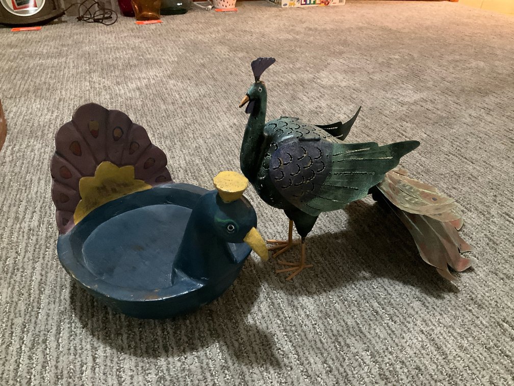 Painted metal peacock sculpture & wood peacock dish - Basement Living & Bar Area