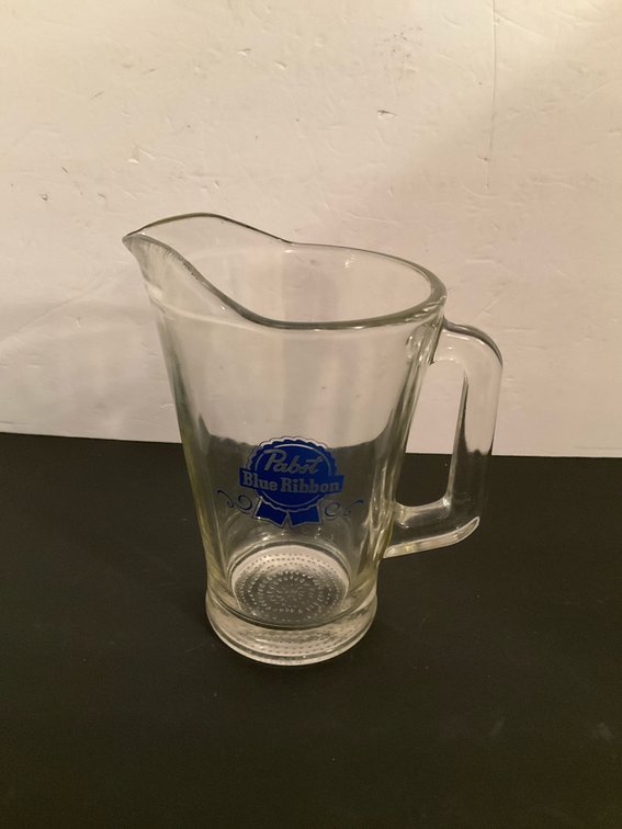 Pabst Blue Ribbon clear glass beer pitcher - Basement Living & Bar Area