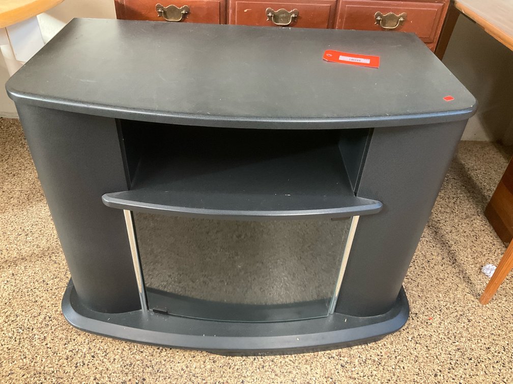 Bush black curved-front media stand with glass door 35” x 22” x 27”