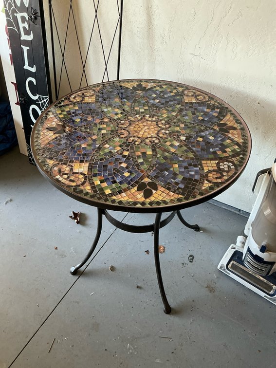 Round mosaic tile bistro table with metal base - Garage