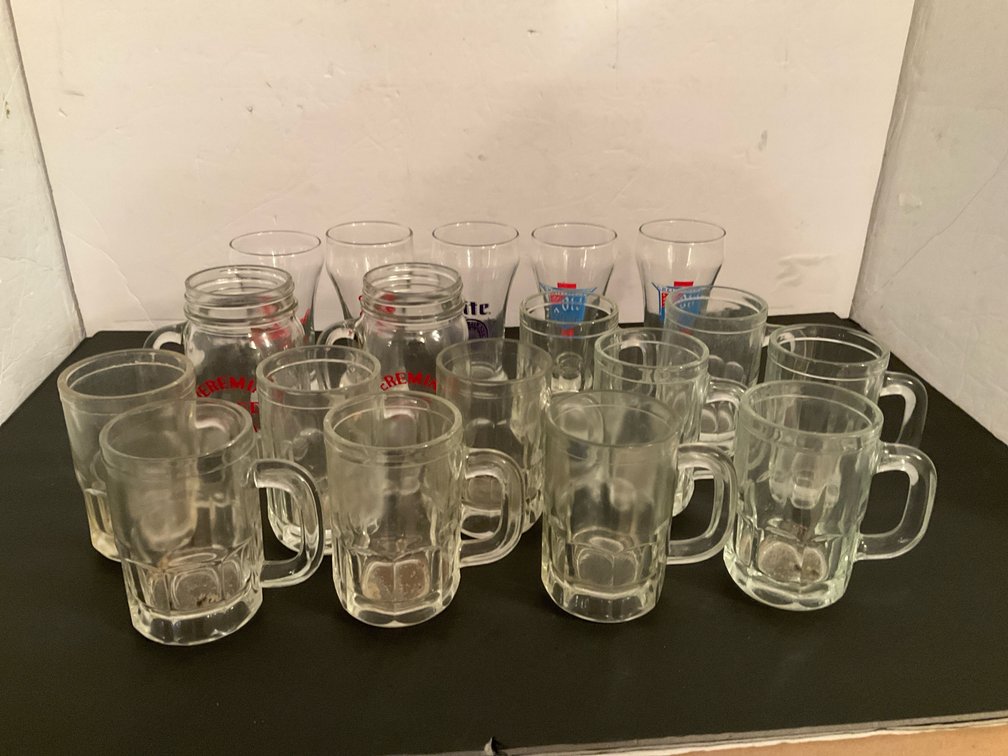 Assorted brewery beer glasses & mini mugs - Basement Living & Bar Area