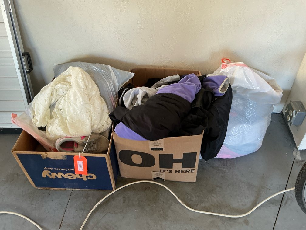 2 boxes, bag-Grouping of assorted clothing & footwear - Garage