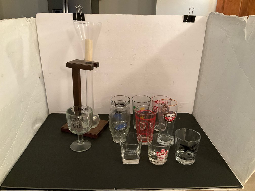 Bar glassware grouping with yard of ale glass & stand - Basement Living & Bar Area