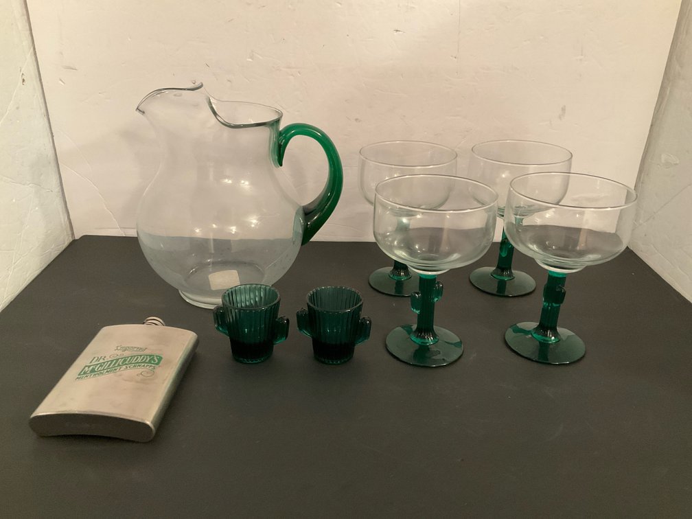 6-piece cactus motif glassware & metal hip flask - Basement Living & Bar Area