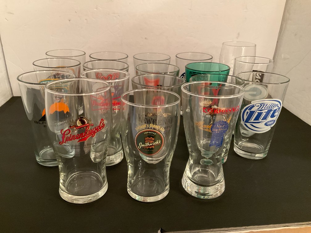 Grouping of beer pint & pub glasses - Basement Living & Bar Area