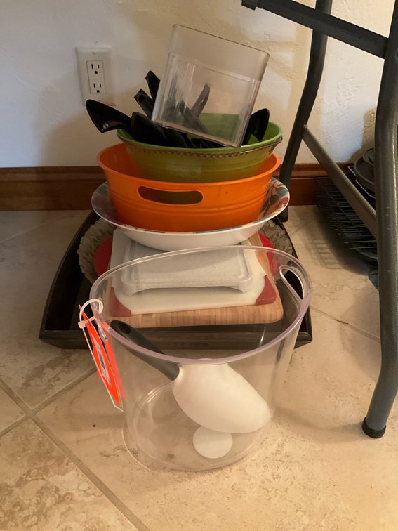 Assorted kitchenware, serving trays & cutting boards - Basement Living & Bar Area