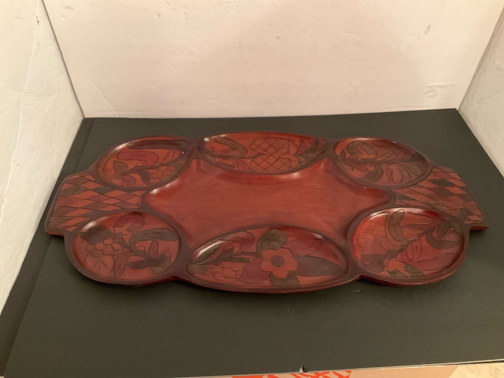 Carved wood compartment divided serving tray - Basement Living & Bar Area