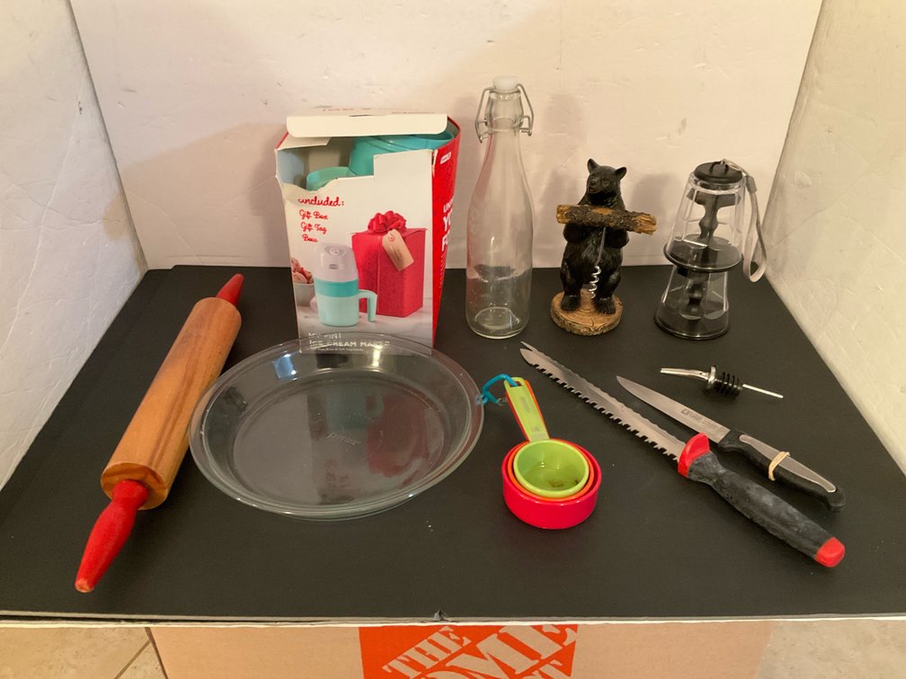 Grouping of kitchenware, rolling pin, pie plate & more - Basement Living & Bar Area