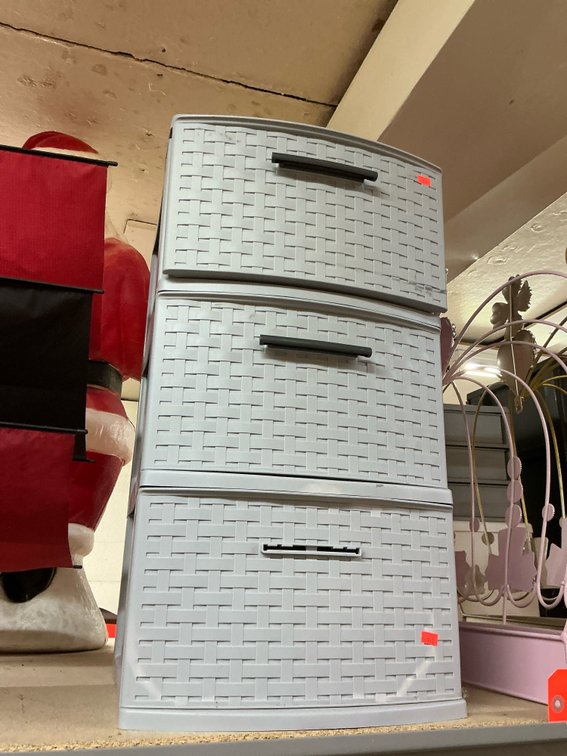 Gray plastic 3-drawer weave storage tower