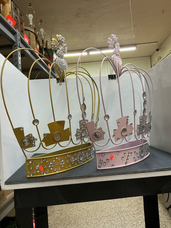 Pair of metal crown wall accents in gold & pink