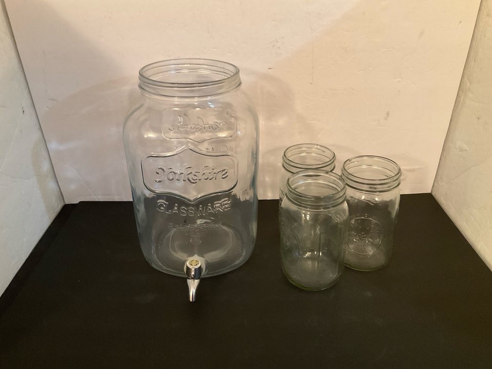 Yorkshire Glassware beverage dispenser with spigot & 3 jars - Basement Living & Bar Area