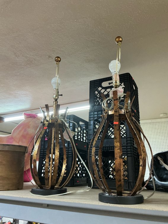 Pair of bronze & gold-tone metal cage table lamps
