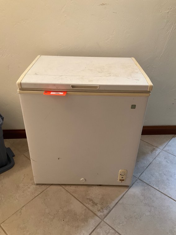 GE white chest freezer with wire basket 30” x 22” x 32” - Basement Hallway