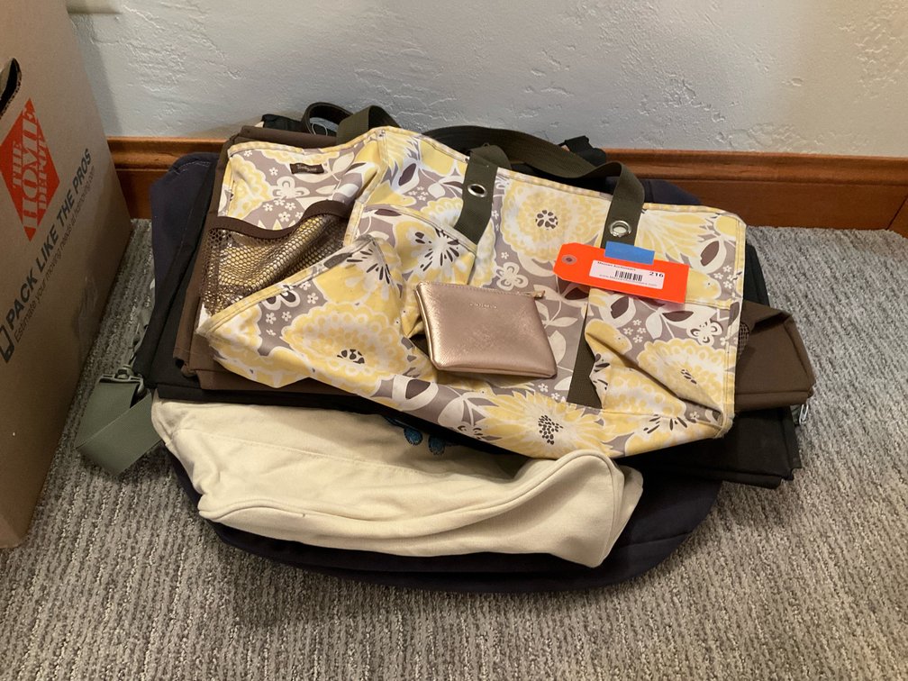 Assorted tote bags, duffel bag & organizers - Basement Bedroom