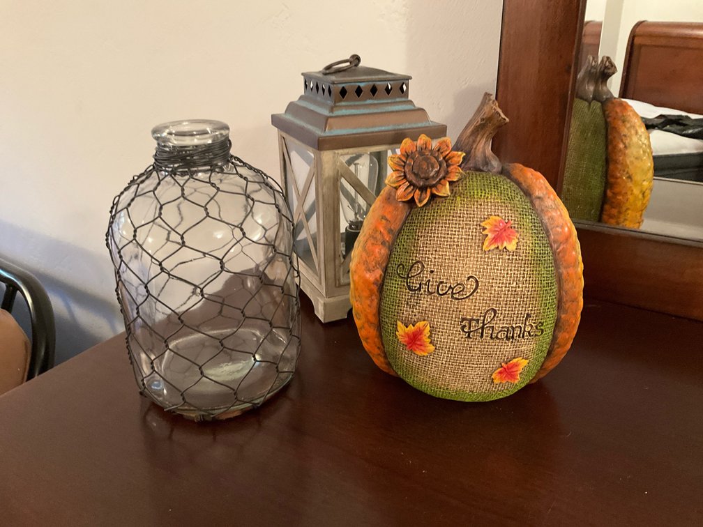 3 rustic decor items with electric lantern, bottle & pumpkin - Basement Bedroom