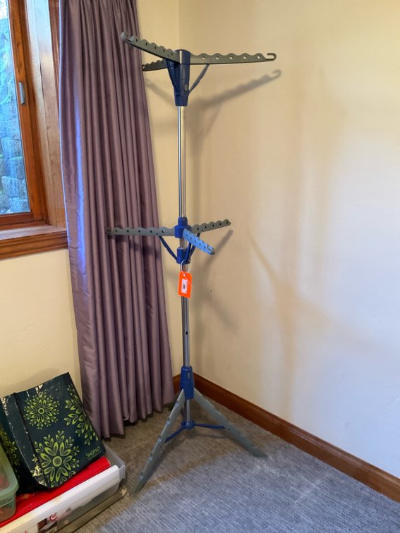 Two-tier folding tripod clothes drying rack - Basement Bedroom