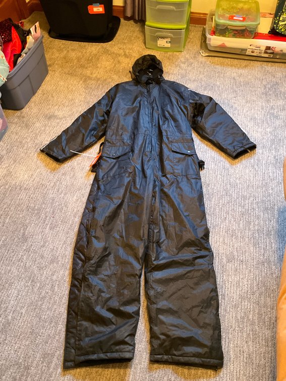 SledMate black hooded one-piece coverall suit - Basement Bedroom
