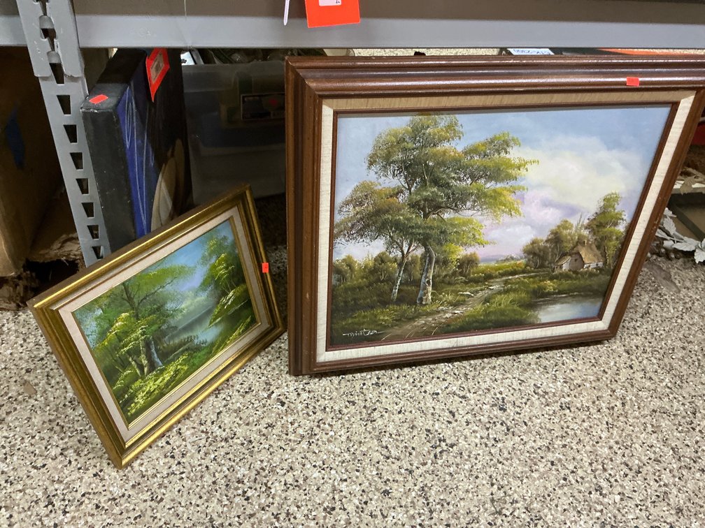 Pair of framed landscape paintings, cottage & lake scenes