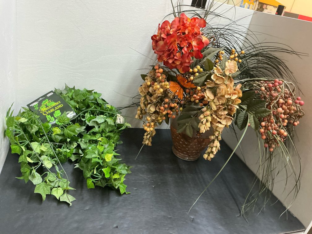 Artificial floral arrangement, faux ivy garland & basket