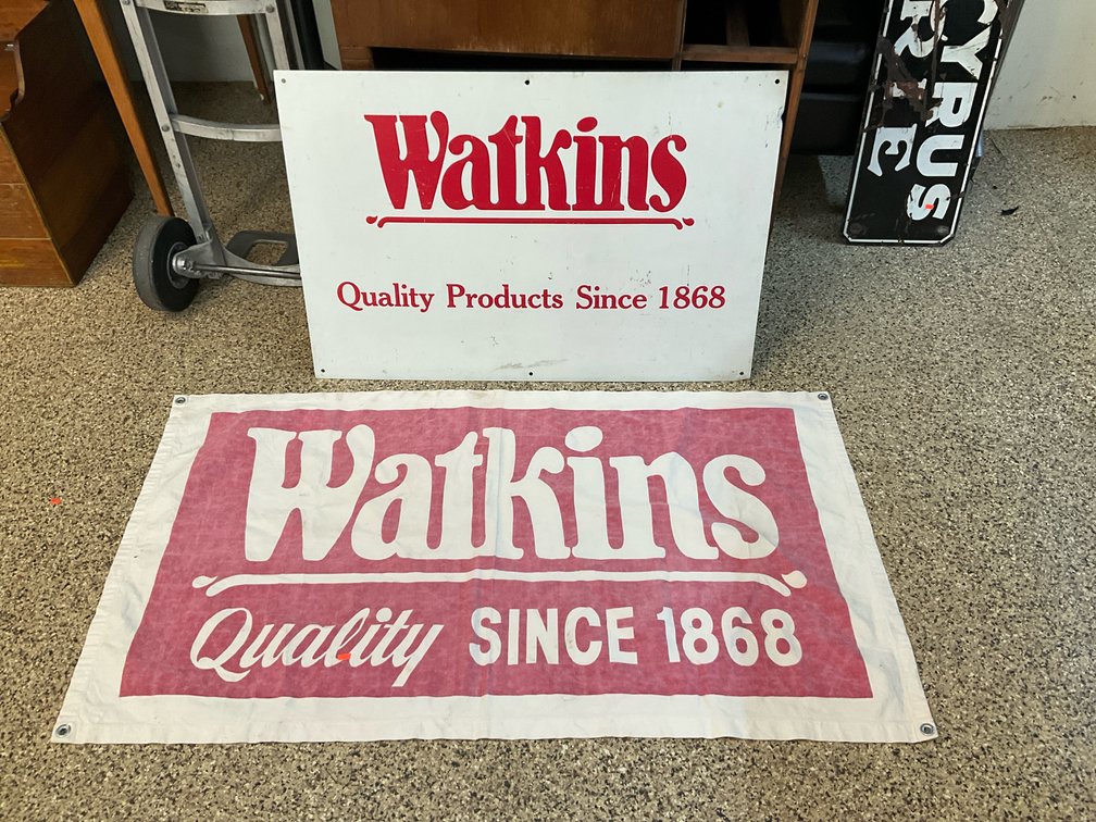 Watkins advertising metal sign & banner