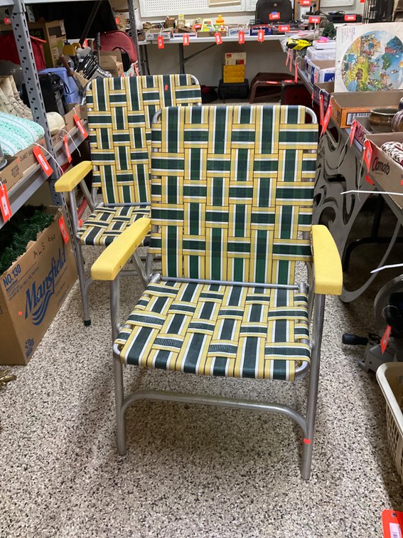 2 aluminum folding lawn chairs with woven webbing