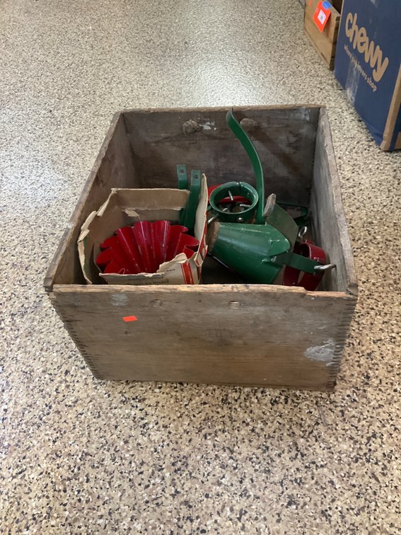Metal Christmas tree stands & wooden explosives crate