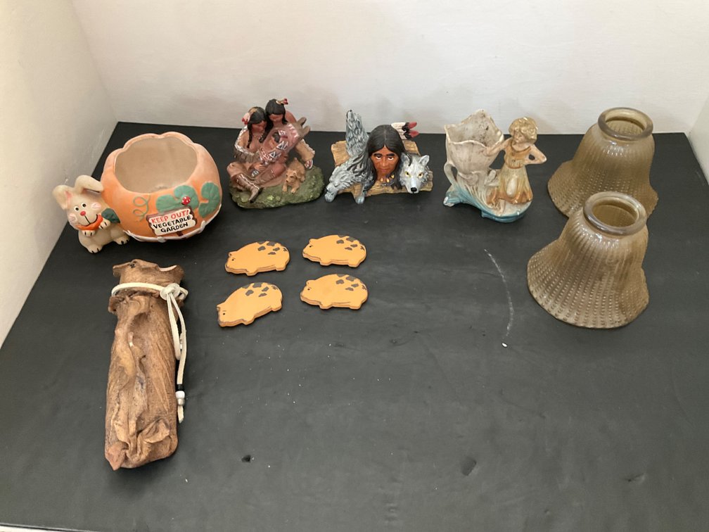 Grouping of glass light shades, figurines & planters