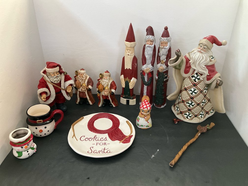 Christmas decor grouping with Santa figurines & tableware
