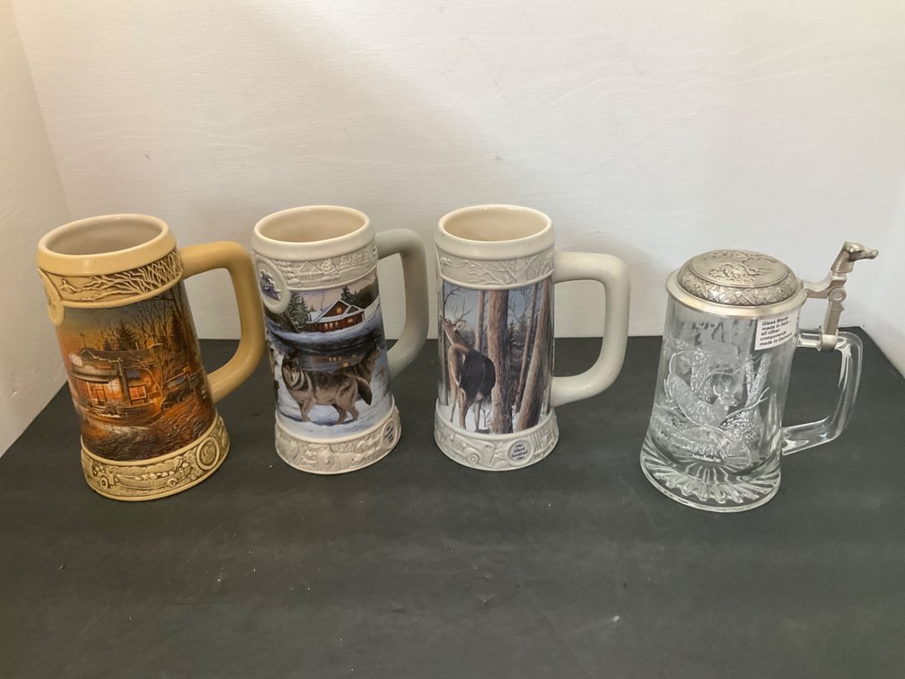 4 wildlife-themed ceramic & glass beer steins