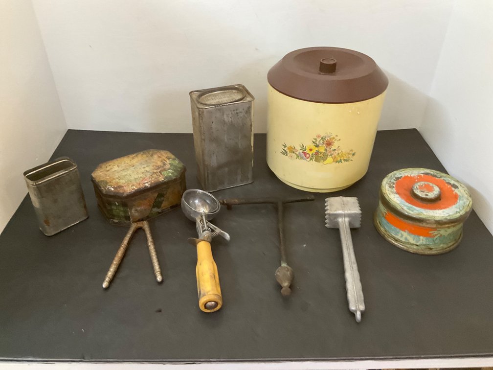 Grouping of kitchen utensils & decorative tins