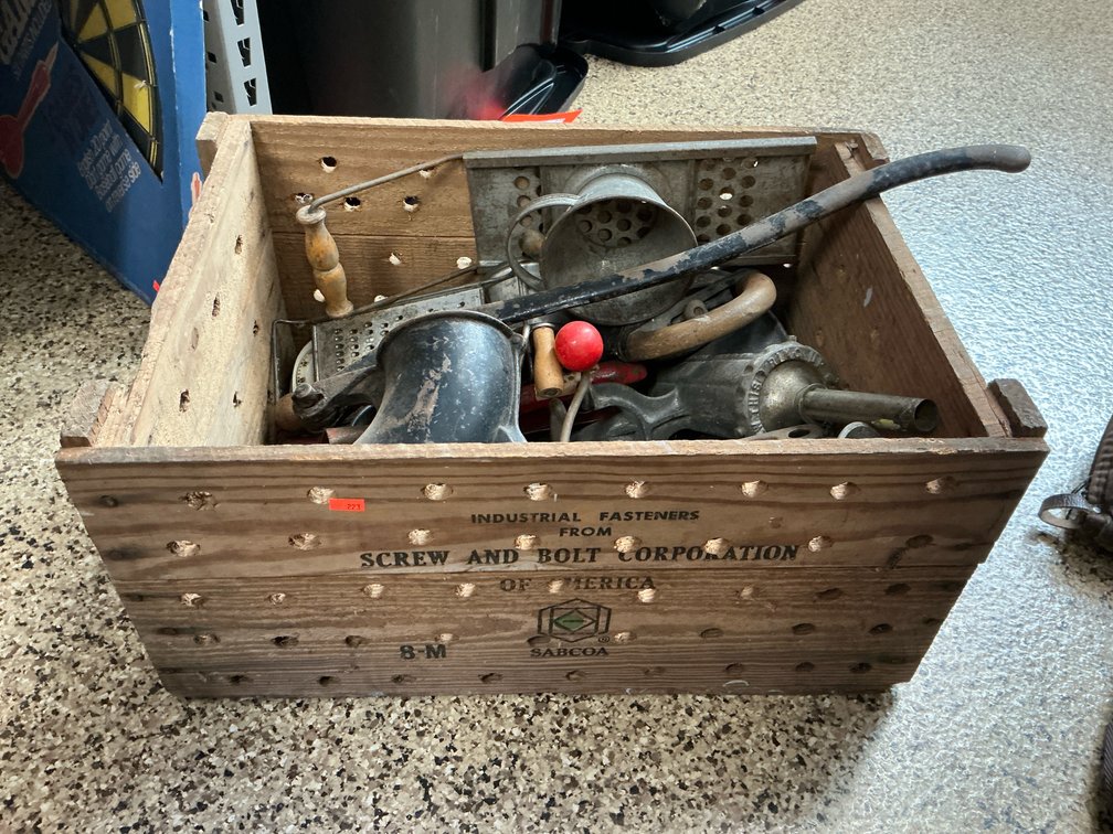 Wooden crate with kitchen tools & meat grinders