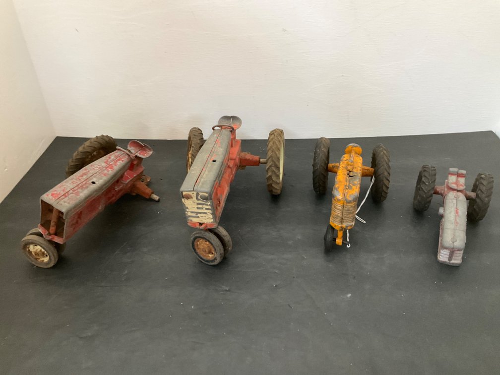 Cast metal toy tractors & loose wheel