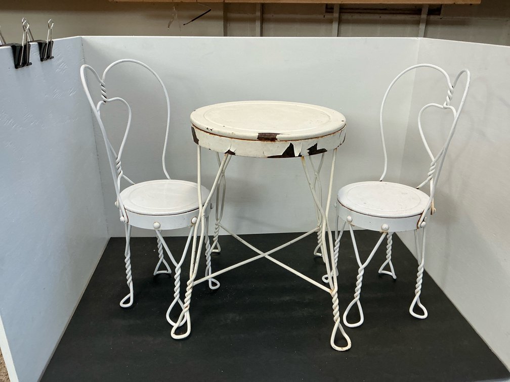 Doll furniture- White painted twisted wire bistro table & 2 chairs