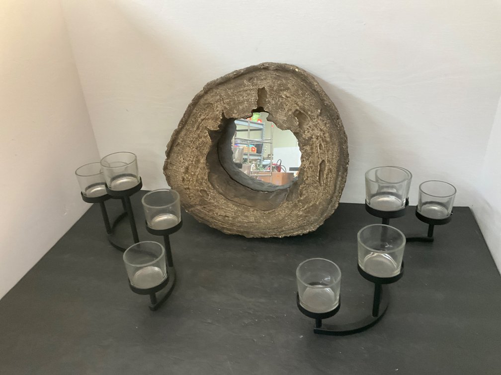 Round wood slice mirror with glass votive holders