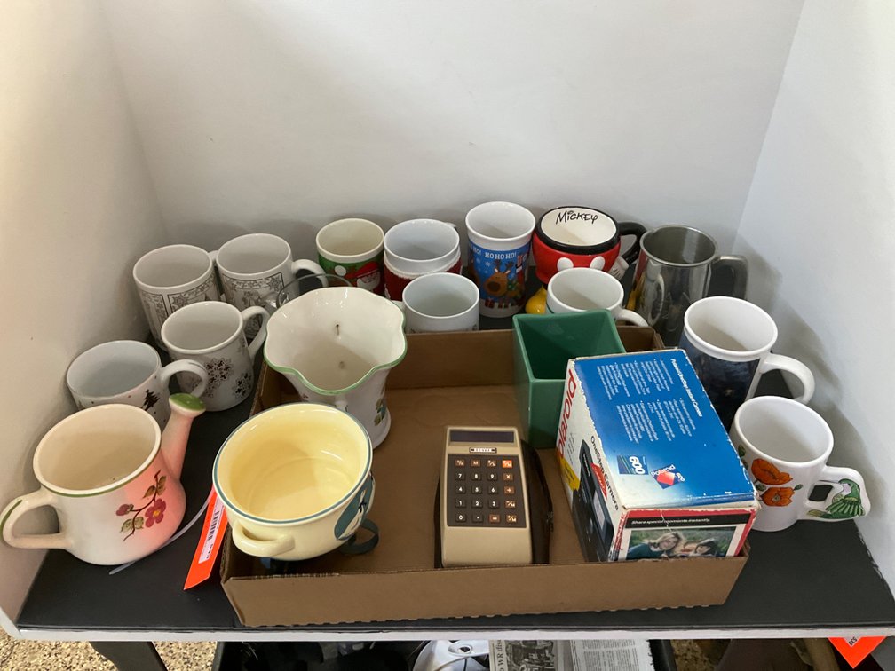 2 boxes-Polaroid OneStep camera, planters & assorted mugs