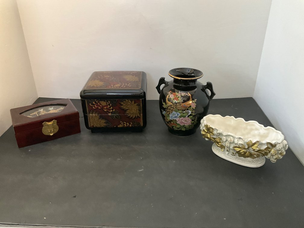 Grouping of 4 decorative boxes, vase & planter