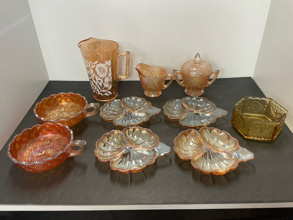 Grouping of marigold carnival & amber glassware assortment