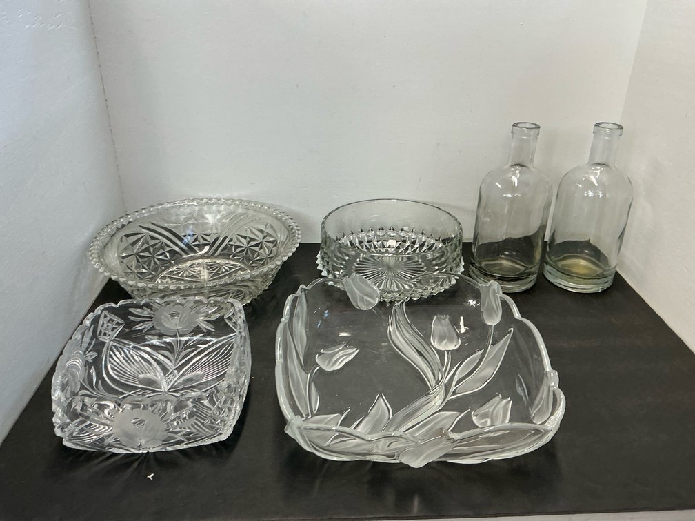Grouping of clear glass bowls & bottles