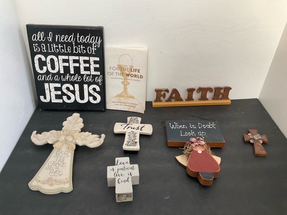 Grouping of religious crosses, plaques & book
