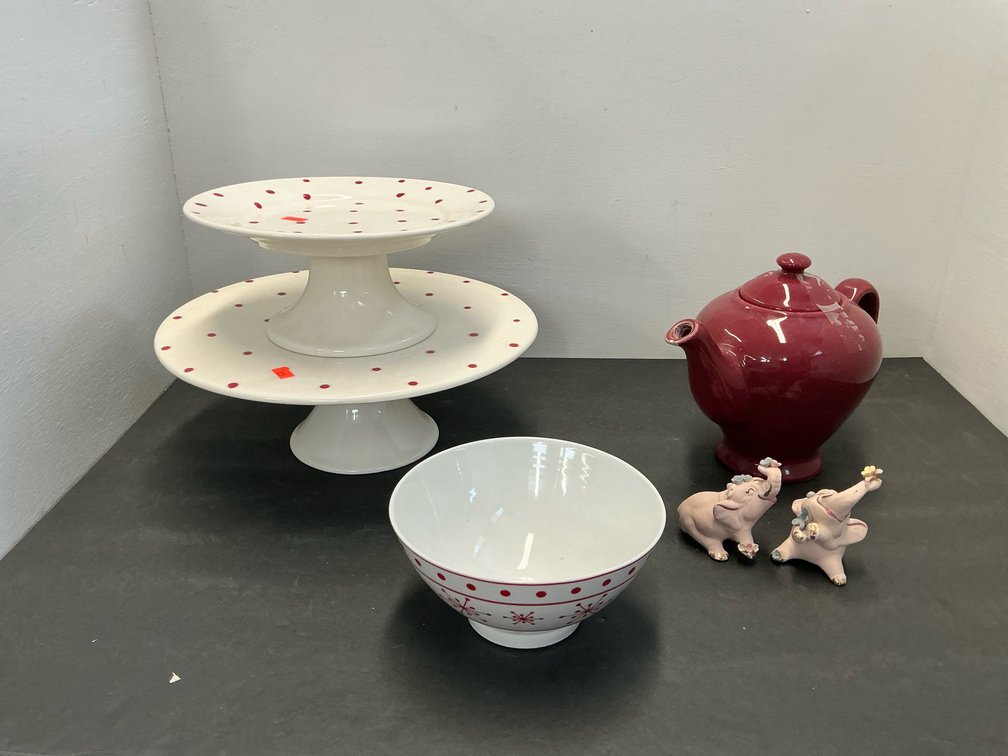 Ceramic cake stands, bowl, teapot & elephant figurines