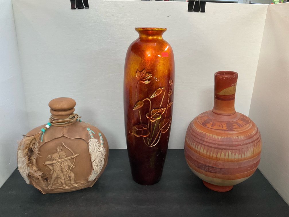 Grouping of 3 decorative pottery vases & canteen