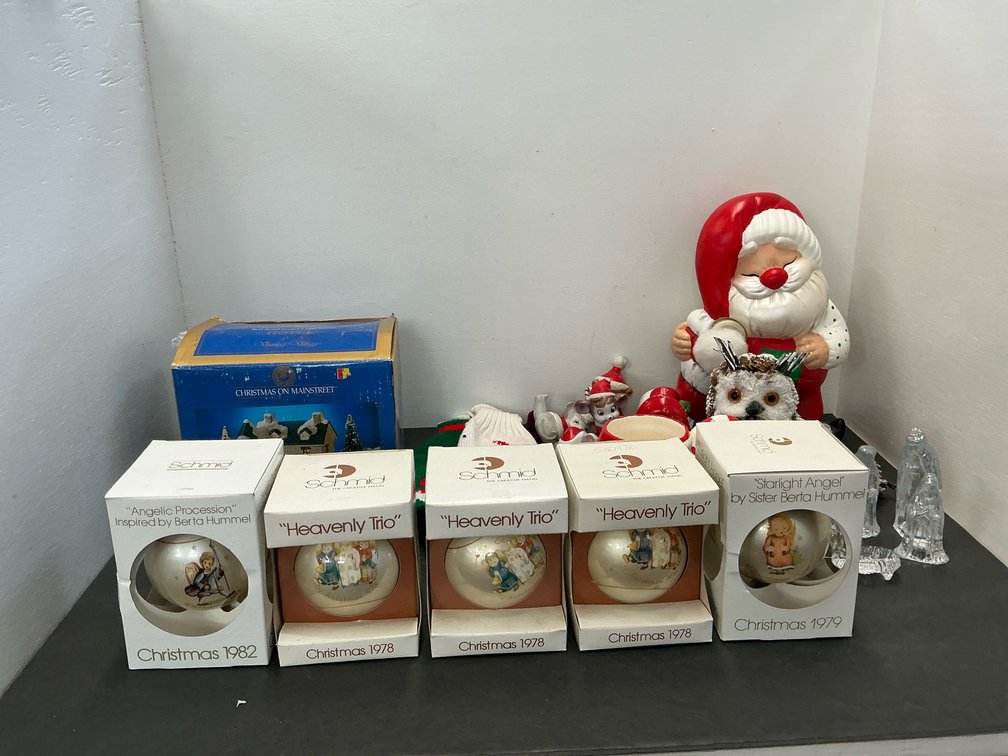 Christmas decor with ornaments, village building & figurines