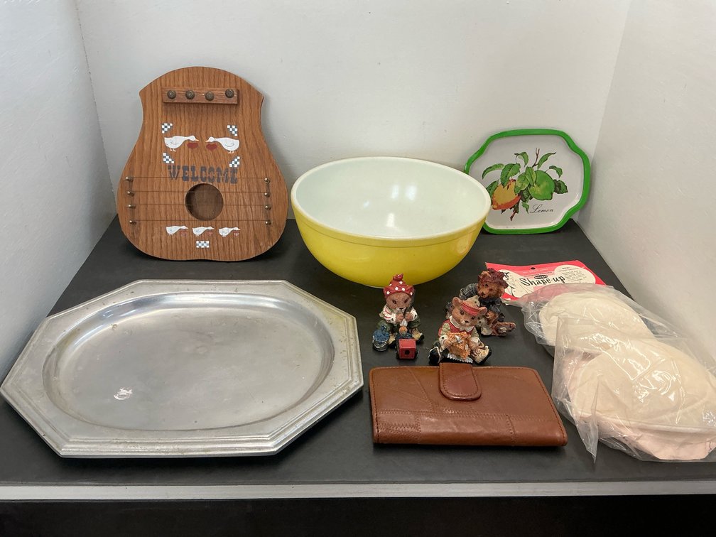 Wooden door harp, yellow mixing bowl, platter & more