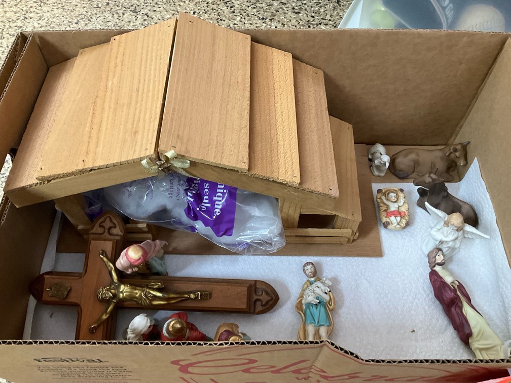 Nativity stable with figurines & sick call crucifix